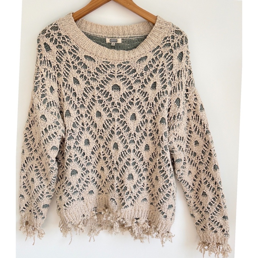 Gimmicks Crochet Knit Sweater Beige Sage Green Boho Fringed Open Weave Small